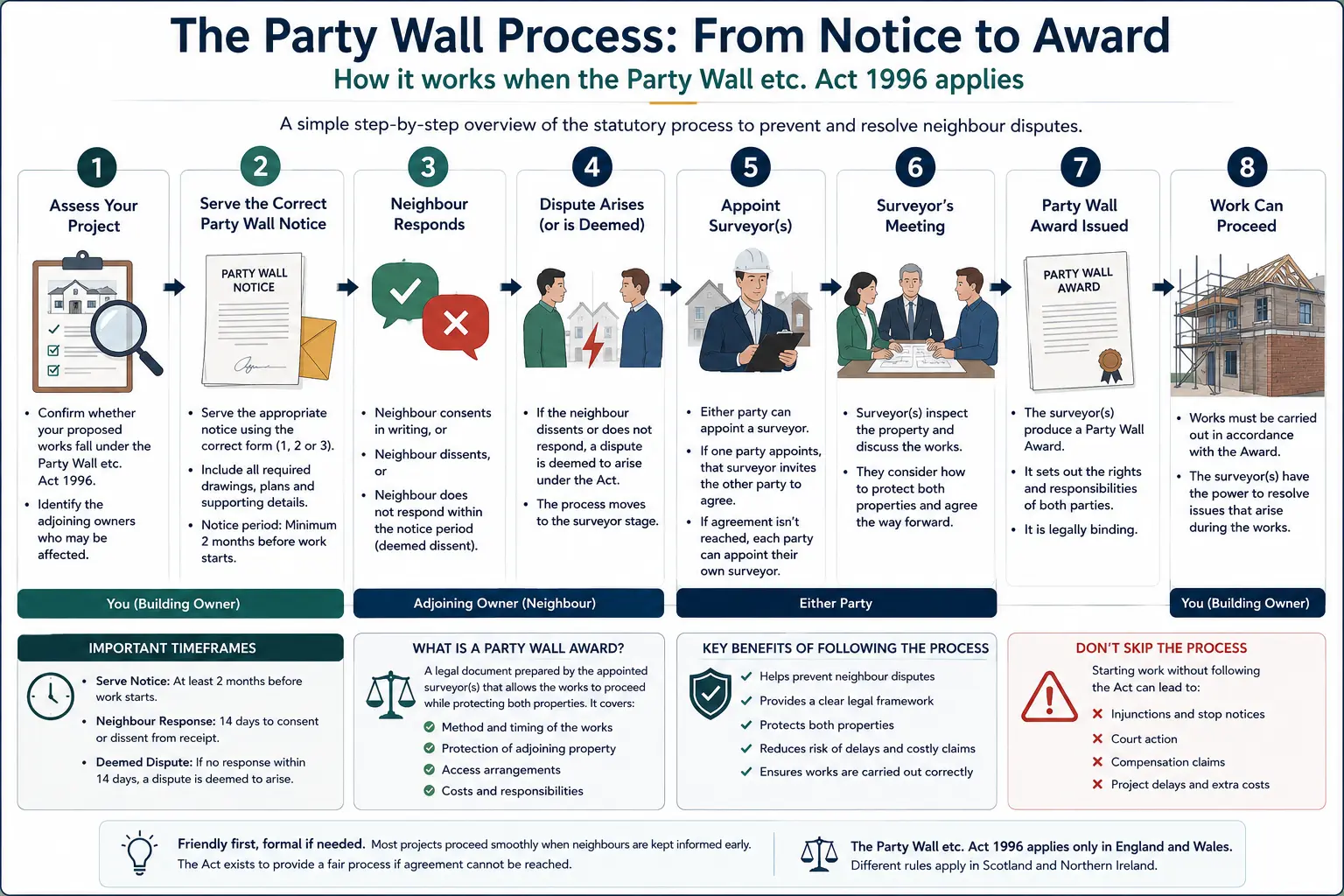 Do I Need a Party Wall Agreement? An infographic showing the party wall process from notice to award in a very interactive way for the citizens living in Brighton and Hove, UK