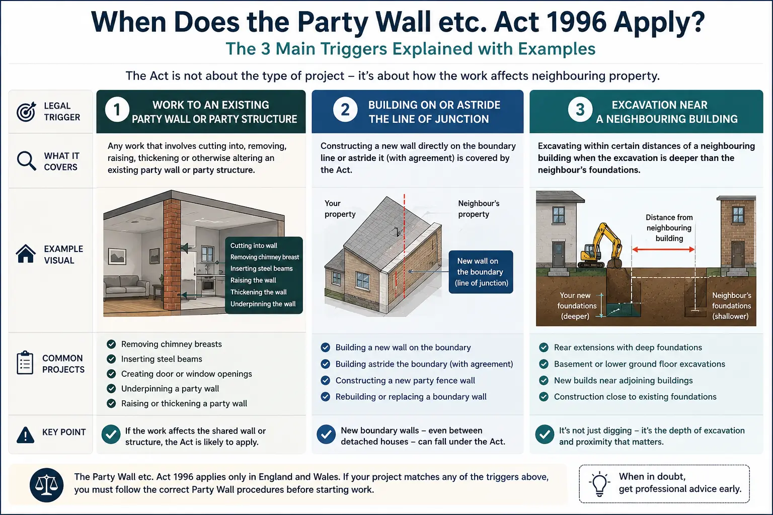 Do I Need a Party Wall Agreement? An infographic showing when does the party wall etc act 1996 apply like excavation, junction, painting, in Brighton and Hove, UK